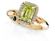 Halo Engagement Ring Setting for Fancy Yellow Emerald Cut Center with Tapered Plain Band and Prong Head in Yellow Gold