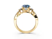 3 Stone Engagement Ring Setting for Fancy Blue Round Cut Center with Pave Split Shank and Prong Head in Yellow Gold