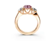 3 Stone Engagement Ring Setting for Fancy Pink Round Cut Center with Raised Basket Heads and Prong Head in Rose Gold