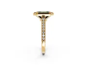 Halo Engagement Ring Setting for Fancy Green Emerald Cut Center with Milgrain Pave Band and Bezel Head in Yellow Gold