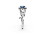 Halo Engagement Ring Setting for Fancy Blue Cushion Cut Center with Leaf Motif Split Shank and Prong Head in Sterling Silver