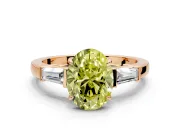 3 Stone Engagement Ring Setting for Fancy Yellow Oval Center with Baguette Accents and Prong Head in Rose Gold