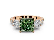 3 Stone Engagement Ring Setting for Fancy Green Princess Cut Center with Crossover Basket, Pave Band and Prong Head in Rose Gold