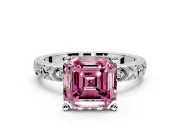 Solitaire Engagement Ring Setting for Fancy Pink Asscher Cut Center with XO Engraved Band and Prong Head in Platinum
