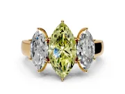 3 Stone Engagement Ring Setting for Fancy Yellow Marquise Center with Raised Basket Heads and Prong Head in Yellow Gold