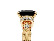 Solitaire Engagement Ring Setting for Fancy Black Emerald Cut Center with Filigree Band and Prong Head in Yellow Gold