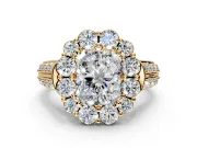 Large Accent Halo Engagement Ring Setting for Radiant Cut Center with Pave Split Shank and Prong Head in Yellow Gold