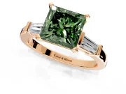 3 Stone Engagement Ring Setting for Fancy Green Princess Cut Center with Channel Baguette Accents and Prong Head in Rose Gold