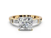 Bar-Set Engagement Ring Setting for Princess Cut Center with Tapered Baguette Accents and Prong Head in Yellow Gold