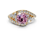 Halo Engagement Ring Setting for Fancy Pink Cushion Cut Center with Marquise and Pave Bypass Band and Prong Head in Yellow Gold