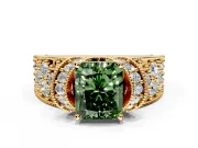 Pave Engagement Ring Setting for Fancy Green Radiant Cut Center with Curved Accent Rows, Openwork and Prong Head in Yellow Gold
