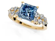Cluster Engagement Ring Setting for Fancy Blue Princess Cut Center with 2-Row Shoulder Clusters and Prong Head in Yellow Gold