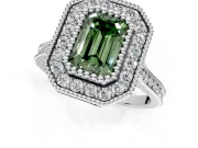 Halo Engagement Ring Setting for Fancy Green Emerald Cut Center with Milgrain Frame, Pave Band and Prong Head in Sterling Silver