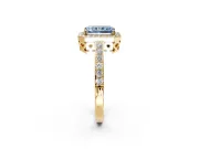 Halo Engagement Ring Setting for Fancy Blue Radiant Cut Center with Heart-Shaped Openwork, Pave Band and Prong Head in Yellow Gold