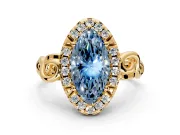 Halo Engagement Ring Setting for Fancy Blue Marquise Center with Open Scroll Shoulders and Prong Head in Yellow Gold