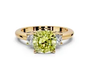 3 Stone Engagement Ring Setting for Fancy Yellow Cushion Cut Center with Wide Plain Band and Prong Head in Yellow Gold