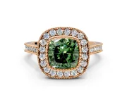 Halo Engagement Ring Setting for Fancy Green Cushion Cut Center with Milgrain Frame, Pave Band and Prong Head in Rose Gold