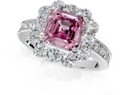 Halo Engagement Ring Setting for Fancy Pink Asscher Cut Center with Milgrain Channel Band and Prong Head in Platinum