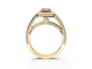 Halo Engagement Ring Setting for Fancy Pink Emerald Cut Center with Framed Halo, Pave Band and Prong Head in Yellow Gold