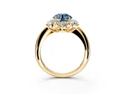 Small-Accent Cluster Halo Engagement Ring Setting for Fancy Blue Round Cut Center with Plain Band and Prong Head in Yellow Gold