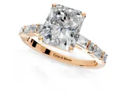 Baguette Engagement Ring Setting for Radiant Cut Center with Alternating Bar-Set Band and Prong Head in Rose Gold