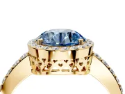 Halo Engagement Ring Setting for Fancy Blue Round Cut Center with Heart-Shaped Openwork, Pave Band and Prong Head in Yellow Gold