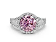 Halo Engagement Ring Setting for Fancy Pink Round Cut Center with Pave Split Shank and Prong Head in Sterling Silver