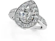 Bezel-Framed Halo Engagement Ring Setting for Pear-Shaped Center with Pave Band and Prong Head in White Gold