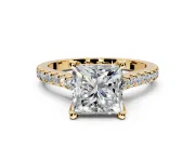 Solitaire Engagement Ring Setting for Princess Cut Center with Widening Pave Band and Claw Prong Head in Yellow Gold
