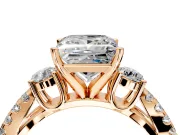 3 Stone Engagement Ring Setting for Princess Cut Center with Pave Split Shank and Prong Head in Rose Gold