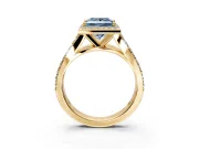 Halo Engagement Ring Setting for Fancy Blue Princess Cut Center with Narrow Pave Split Shank and Prong Head in Yellow Gold