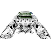 Milgrain Halo Engagement Ring Setting for Fancy Green Radiant Cut Center with Shoulder Bezels and Prong Head in Sterling Silver
