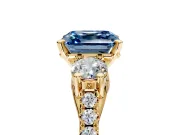 3 Stone Engagement Ring Setting for Fancy Blue Asscher Cut Center with Crossover Basket, Pave Band and Prong Head in Yellow Gold