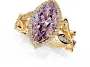 Halo Engagement Ring Setting for Fancy Pink Marquise Center with Leaf Motif Split Shank and Prong Head in Yellow Gold