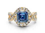 Halo Engagement Ring Setting for Fancy Blue Asscher Cut Center with Pave Infinity Twist Band and Prong Head in Yellow Gold