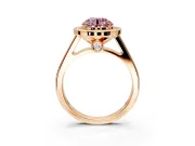 Halo Engagement Ring Setting for Fancy Pink Round Cut Center with Outer Bezel Rim, Pave Band and Prong Head in Rose Gold