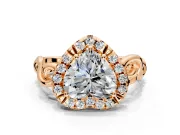 Halo Engagement Ring Setting for Heart-Shaped Center with Open Scroll Shoulders and Prong Head in Rose Gold