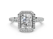 Halo Engagement Ring Setting for Radiant Cut Center with Inner Milgrain Border and Prong Head in White Gold
