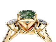 3 Stone Engagement Ring Setting for Fancy Green Cushion Cut Center with Crossover Basket, Pave Band and Prong Head in Yellow Gold