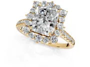Halo Engagement Ring Setting for Radiant Cut Center with Single-Row Pave, Open Basket and Prong Head in Yellow Gold