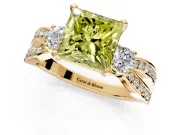 3 Stone Engagement Ring Setting for Fancy Yellow Princess Cut Center with Pave Twist Band and Prong Head in Yellow Gold