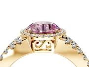 Halo Engagement Ring Setting for Fancy Pink Round Cut Center with Wide-Open Pave Split Shank and Prong Head in Yellow Gold