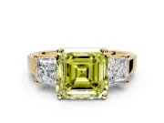 3 Stone Engagement Ring Setting for Fancy Yellow Asscher Cut Center with Matching Side Accents and Prong Head in Yellow Gold