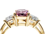 3 Stone Engagement Ring Setting for Fancy Pink Emerald Cut Center with Matching Side Accents and Prong Head in Yellow Gold