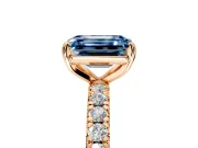 Solitaire Engagement Ring Setting for Fancy Blue Emerald Cut Center with Shared-Prong Accents and Prong Head in Rose Gold