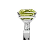 3 Stone Engagement Ring Setting for Fancy Yellow Asscher Cut Center with Tapered Baguettes, Plain Band and Prong Head in White Gold
