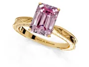 Solitaire Engagement Ring Setting for Fancy Pink Emerald Cut Center with Engraved Milgrain Band and Prong Head in Yellow Gold