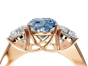 3 Stone Engagement Ring Setting for Fancy Blue Cushion Cut Center with Raised Basket Heads and Prong Head in Rose Gold