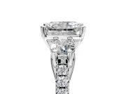 3 Stone Engagement Ring Setting for Radiant Cut Center with Crossover Basket, Pave Band and Prong Head in White Gold