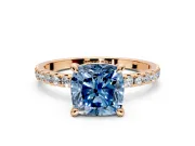 Solitaire Engagement Ring Setting for Fancy Blue Cushion Cut Center with Fine Pave Narrow Band and Prong Head in Rose Gold